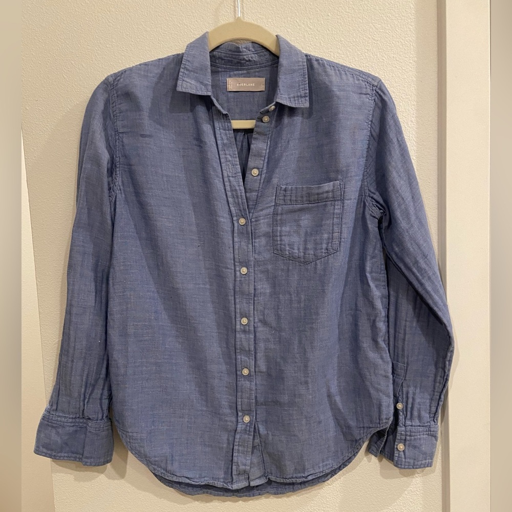 Everlane 100% Cotton Blue Chambray Soft Button Up Long Sleeve Collared Top 0